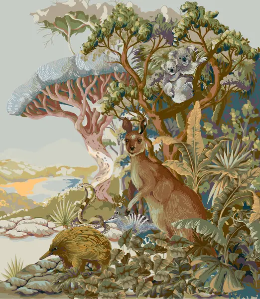 Hayvanlar ve ağaçlarla dolu Avustralya manzarası. Vektör