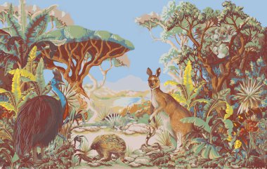 Hayvanlar ve ağaçlarla dolu Avustralya manzarası. Vektör