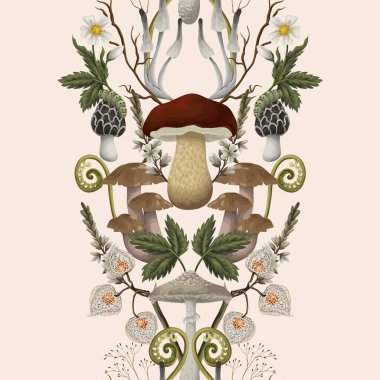 Mantar, böğürtlen, bitki ve yapraklarla sınırlandırılmış. Vektör