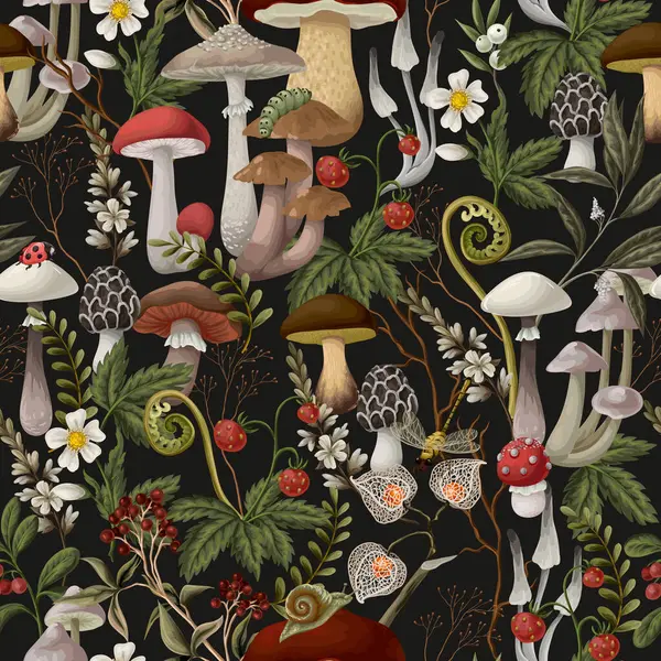 Mantarlar, böğürtlenler, bitkiler ve yapraklarla kusursuz desen. Vektör