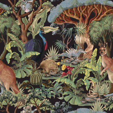 Avustralyalı hayvanlar ve ağaçlarla kusursuz bir düzen. Vektör