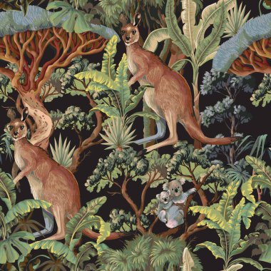 Avustralyalı hayvanlar ve ağaçlarla kusursuz bir düzen. Vektör