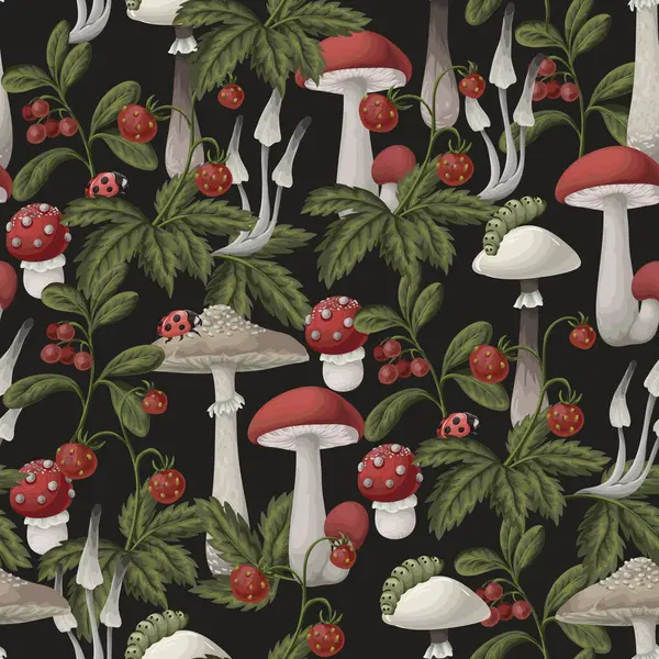 Mantarlar, böğürtlenler, bitkiler ve yapraklarla kusursuz desen. Vektör