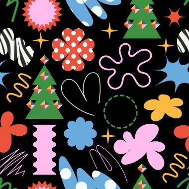 Garip karalamalı basit elementlerle kusursuz bir Noel deseni. Vektör