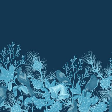 Kuşların, çam dallarının, köknar kozalaklarının, çanların, dutların, kutsal çiçeklerin ve kış çiçeklerinin yer aldığı tek renkli mavi tonlarda zarif bir sınır. Vektör