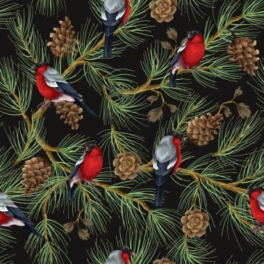 Kuşlar, çanlar ve dallarla kusursuz bir Noel şablonu. Vektör