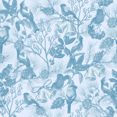 Kuşlar, çam dalları, köknar kozalakları, çanlar, böğürtlenler, çoban püskülleri ve kış çiçekleri içeren tek renkli mavi tonlarda zarif, pürüzsüz vektör deseni. Vektör.