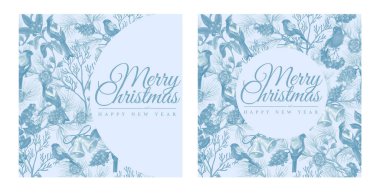 Kuşlar, çam dalları, köknar kozalakları, çanlar, böğürtlenler, çobanpüskülleri ve kış çiçeklerinin yer aldığı tek renkli mavi tonlarda zarif Noel kartları. Vektör