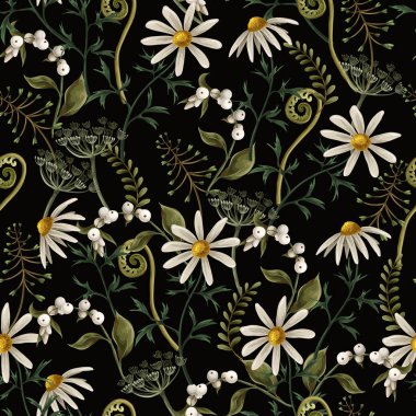 Papatya, eğrelti otu ve diğer kır çiçekleriyle kusursuz desen. Vektör