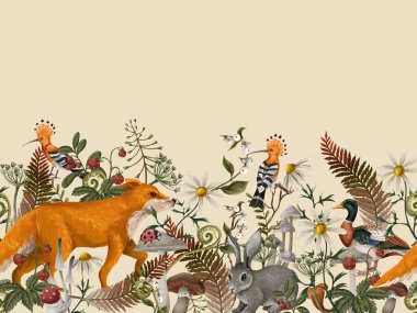 Tilki, tavşan ve mantarla sonbahar orman sınırını yönlendir.