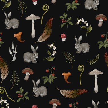 Tavşanlar, mantarlar ve çiçeklerle dikişsiz sonbahar vektörü..