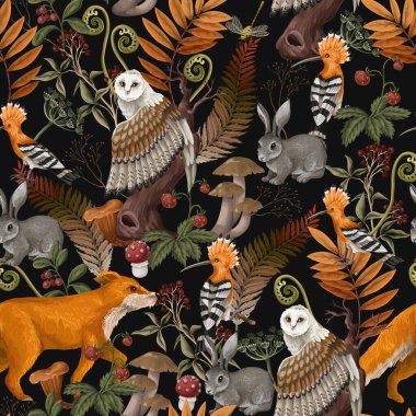 Tilki, tavşan ve mantarlı dikişsiz sonbahar şablonu.