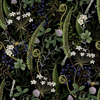 Sonbahar orman bitkilerinin, yaban mersinlerinin, yoncaların, otların, eğreltiotlarının ve mantarların kusursuz vektör deseni.