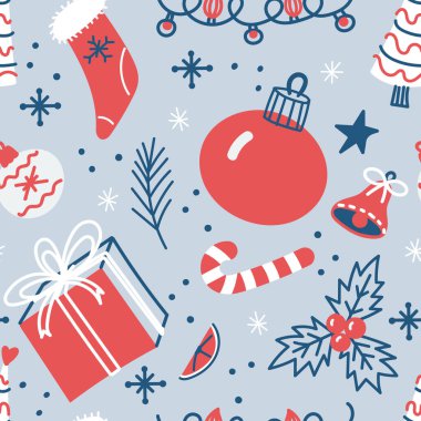 Siyah arka planda kırmızı ve mavi renkte Noel elementleri olan kusursuz bir desen. Hediye kutusu, süsler, kar taneleri ve tatil süslemeleri de dahil..