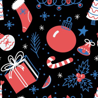 Siyah arka planda kırmızı ve mavi renkte Noel elementleri olan kusursuz bir desen. Hediye kutusu, süsler, kar taneleri ve tatil süslemeleri de dahil..