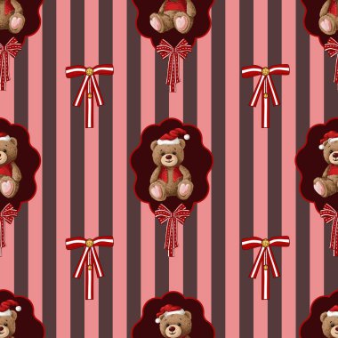 Noel ayısı ve kırmızı yaylı şirin vektörsüz desen