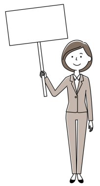 Takım elbiseli bir kadın elinde beyaz tahta tutan bir kadın resmedilmiş..