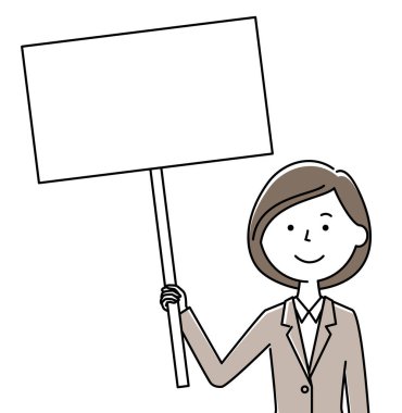 Takım elbiseli bir kadın elinde beyaz tahta tutan bir kadın resmedilmiş..