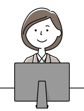 Takım elbiseli bir kadın bilgisayar kullanıyor. Bilgisayar kullanan takım elbiseli bir kadının resmi..