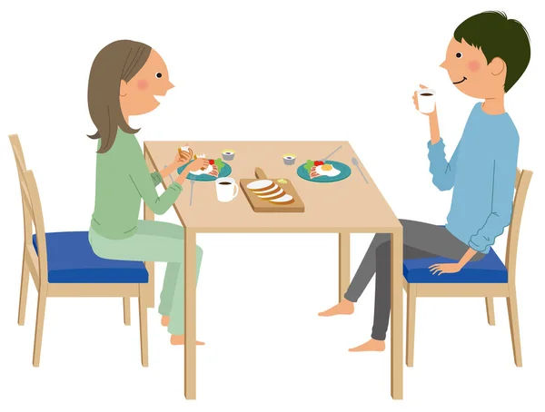 Kahvaltı Eden Çift Bir Erkek Kadın Çiftin Kahvaltı Edişinin Bir — Stok Vektör