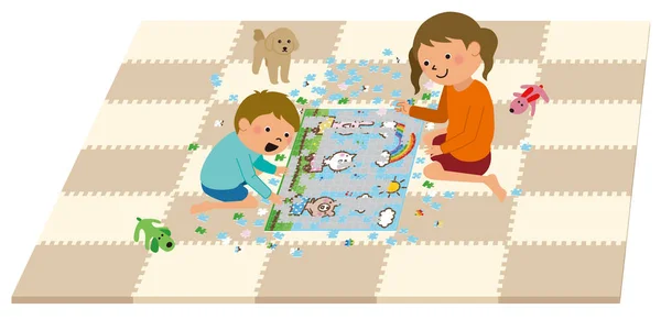 Enfants Faisant Des Puzzles Est Une Illustration Enfants Faisant Puzzle — Image vectorielle