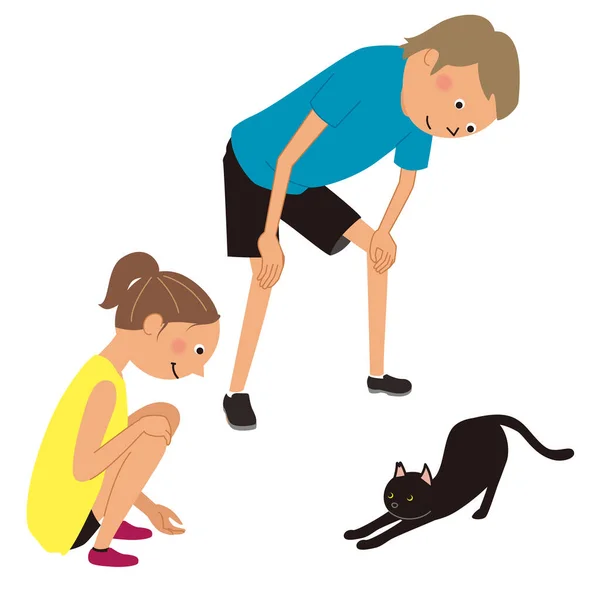 Hombre Una Mujer Que Conocieron Gato Mientras Corrían Una Ilustración — Archivo Imágenes Vectoriales