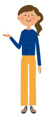 İşte, rehberlik eden genç bayan. İşte burada. Rehberlik eden genç bir kadının çizimi..