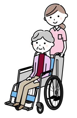 Tekerlekli sandalyedeki yaşlı kişi ve bakıcı resmi..