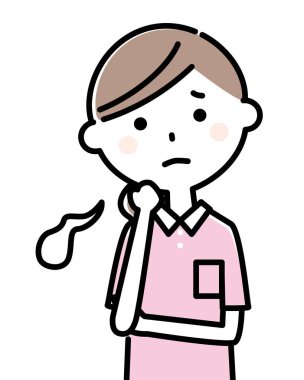 Huzursuz görünen bir kadın hemşirenin çizimi. Vektör görüntüsü. Bakıcının iç çekişi..