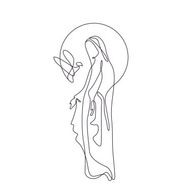 Güvercinli Katolik aziz, siyah beyaz çizgi sanatı