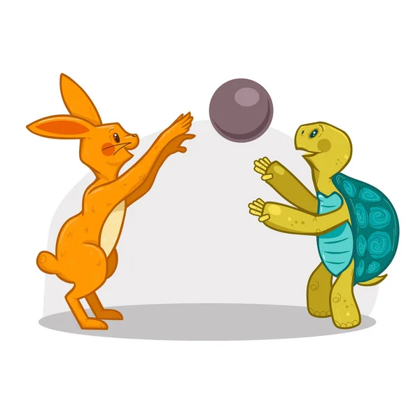 Personagens Tartaruga Lebre Brincando Com Uma Bola Ilustração Vetorial — Vetor de Stock