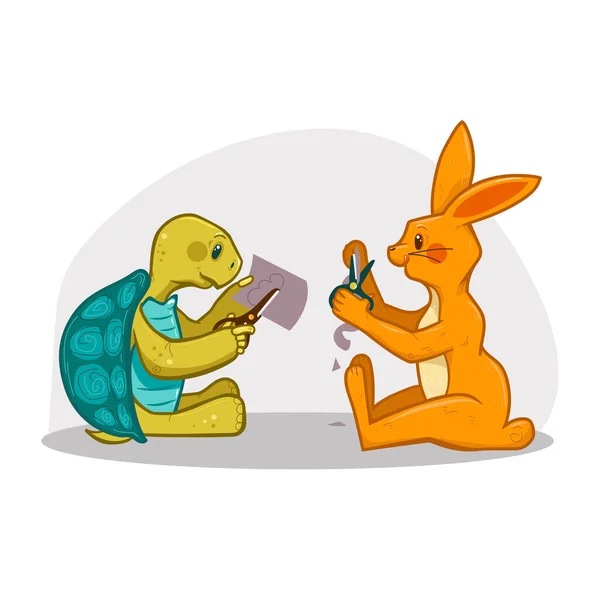 Kaplumbağa Tavşan Karakterleri Bir Topla Oynuyorlar Vektör Illüstrasyonu — Stok Vektör
