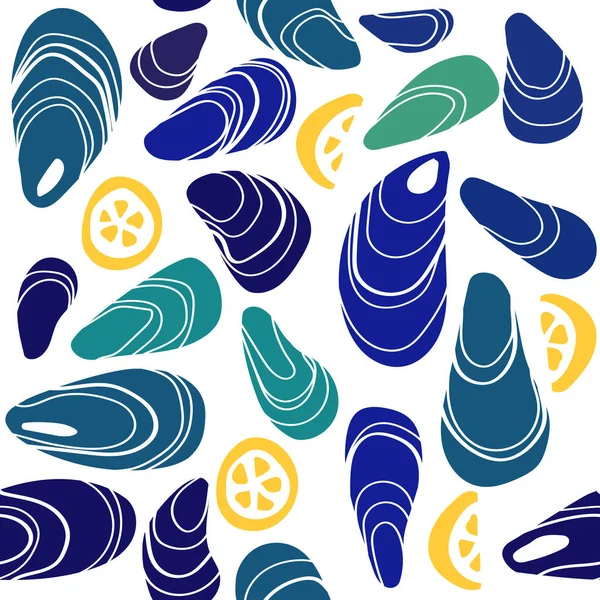 Seamless Pattern Colorful Mussels Lemons Vector Illustration — Stock Vector