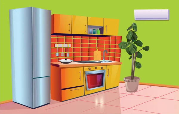 Ilustración Vectorial Interior Cocina Brillante Con Muebles Electrodomésticos Fondo Para — Archivo Imágenes Vectoriales