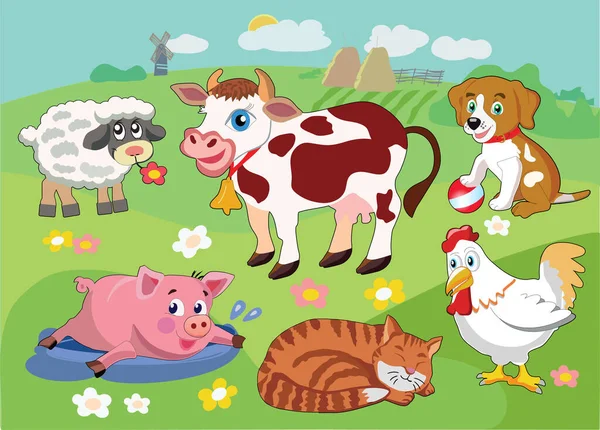 Animali Domestici Nella Fattoria Stile Cartone Animato Illustrazione Vettoriale — Vettoriale Stock