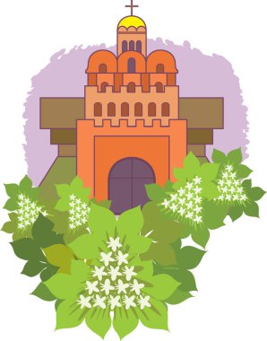 Architectural monument Golden Gate in Kyiv and flowering chestnuts. Symbols of Kyiv. Vector drawing clipart