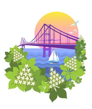 İlkbaharda Dinyeper ve Kyiv kestane ağaçları üzerindeki yaya köprüsü. Kyiv 'in sembolleri. Kyiv 'in bir dizi sembolü. Vektör çizimi