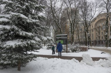 Bir kadın ve bir çocuk, Kyiv 'deki Mariinsky Parkı' nda kışın yapılan yürüyüş sırasında parkın haritasına bakıyorlar.