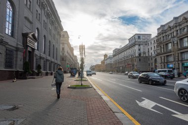 Minsk, Belarus. 15 Ekim 2023 Independence Avenue Minsk 'in merkezinde.