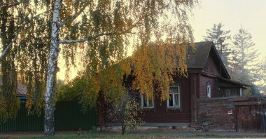 Sonbaharda günbatımında huş ağacının altındaki eski ahşap Rus evi.