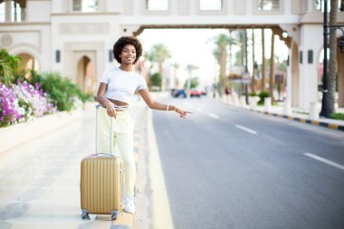 Valizli bir kadın turist. İş seyahati, öğrenci yaşam tarzı, insanlar, turizm konsepti