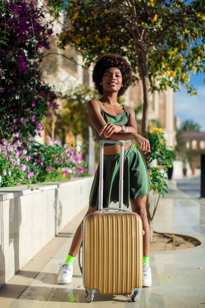 stock image Woman tourist with suitcase luggage. Business travel, student lifestyle, people, tourism concept