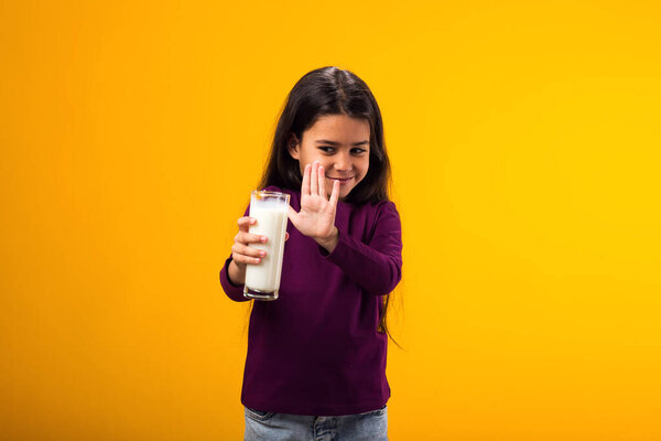 Portrait Kid Girl Dairy Allergy Showing Stop Gesture Front Glass Stock Image