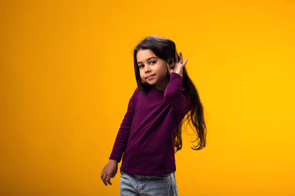 Portrait Kid Girl Eavesdropping Overhearing Confidential Secret Conversation Keeping Hand Royalty Free Stock Photos