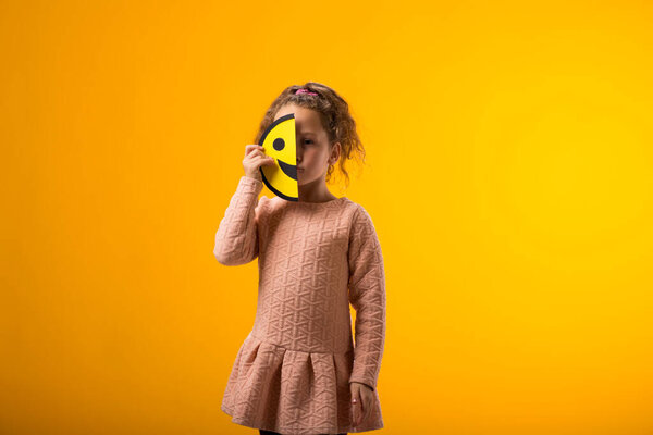 Portrait Sad Kid Girl Holding Happy Half Face Emoticon Mental Stock Photo