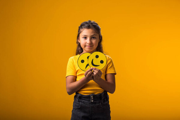 Portrait Smiling Kid Girl Holding Sad Happy Emoticons Hands Mental Stock Picture