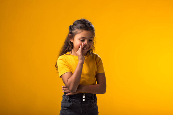 Portrait Child Girl Shouting Holding Palm Opened Mouth Gossip Secret Stock Image
