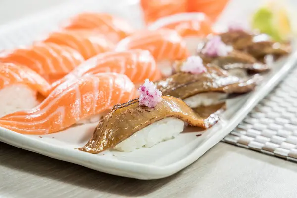 Salmon and seared salmon sushi japanese food style - Selective focus point
