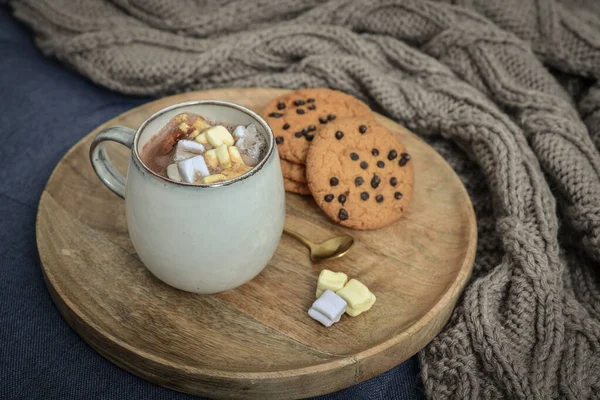 一杯美味的热可可 配棉花糖和圆圆的木制托盘饼干 背景为针织格子布 — 图库照片