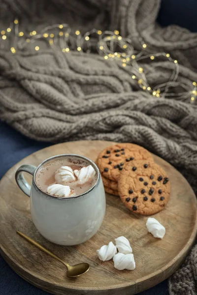 Cup Delicious Hot Cocoa Marshmallow Cookies Wooden Tray Garland Lights — Stock Photo, Image
